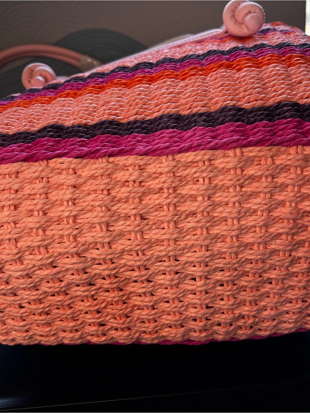 Striped Pink Woven Tote with Vegan Leather Trim